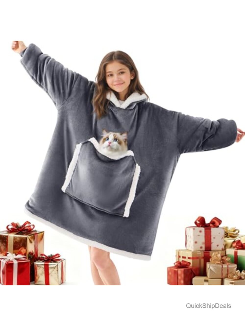 Oversized Wearable Blanket Hoodie Pet Pocket Sherpa Flannel